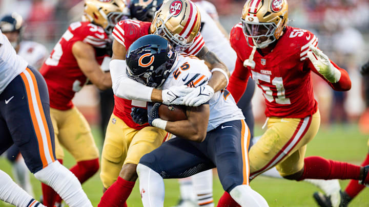 Dec 8, 2024; Santa Clara, California, USA; Chicago Bears running back Darrynton Evans (25) is tackled during the fourth quarter against the San Francisco 49ers at Levi's Stadium. Mandatory Credit: Bob Kupbens-Imagn Images