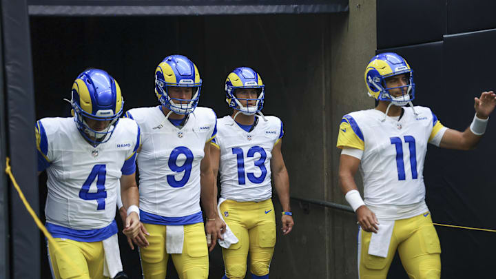 Aug 24, 2024; Houston, Texas, USA; Los Angeles Rams quarterback Dresser Winn (4) and quarterback Matthew Stafford (9) and quarterback Stetson Bennett (13) and quarterback Jimmy Garoppolo (11) walk onto the field before the game against the Houston Texans at NRG Stadium. Mandatory Credit: Troy Taormina-Imagn Images