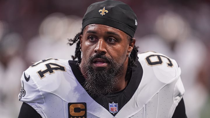 Sep 29, 2024; Atlanta, Georgia, USA; New Orleans Saints defensive end Cameron Jordan (94) shown on the field before the game against the Atlanta Falcons at Mercedes-Benz Stadium. Mandatory Credit: Dale Zanine-Imagn Images