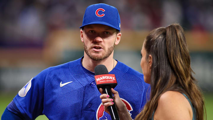 May 14, 2026; Atlanta, Georgia, USA; Chicago Cubs left fielder Ian Happ (8) does an interview after a victory over the Atlanta Braves at Truist Park. Mandatory Credit: Brett Davis-Imagn Images