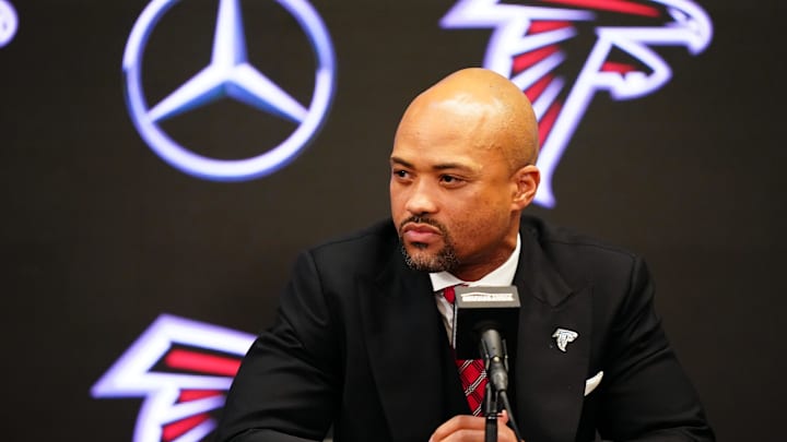 Feb 5, 2024; Atlanta, GA, USA; Atlanta Falcons general manager Terry Fontenot  addresses the media as Raheem Morris is introduced as the new head coach of the Atlanta Falcons at Mercedes-Benz Stadium. Mandatory Credit: John David Mercer-Imagn Images