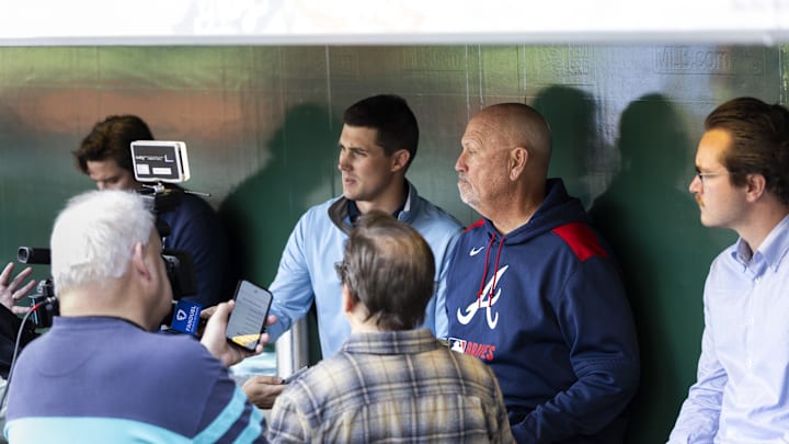 May 9, 2025; Pittsburgh, Pennsylvania, USA; Atlanta Braves manager Brian Snitker (43) talks with the media before the game against the Pittsburgh Pirates at PNC Park. Mandatory Credit: Scott Galvin-Imagn Images
