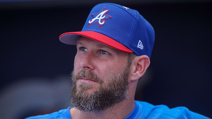 Jul 14, 2025; Atlanta, GA, USA; National League pitcher Chris Sale (51) of the Atlanta Braves during workouts before the 2025 MLB All Star Game at Truist Park. Mandatory Credit: Brett Davis-Imagn Images