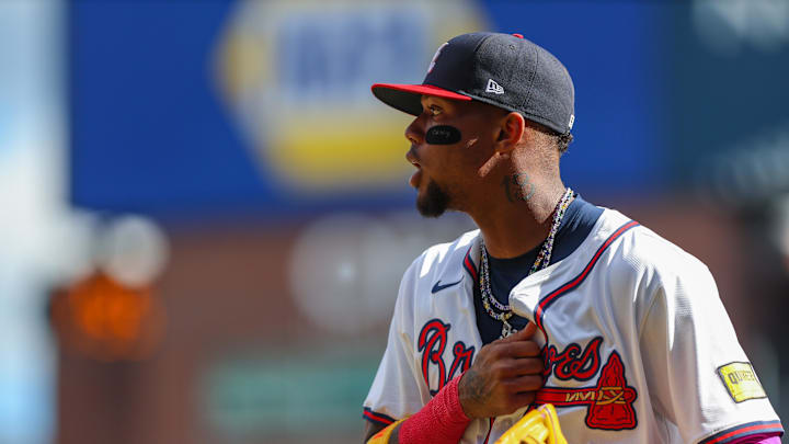 Sep 28, 2025; Cumberland, Georgia, USA; Atlanta Braves outfielder Ronald Acuna Jr. (13) walks to the dugout during the game against the Pittsburgh Pirates during the third inning at Truist Park. Mandatory Credit: Jordan Godfree-Imagn Images