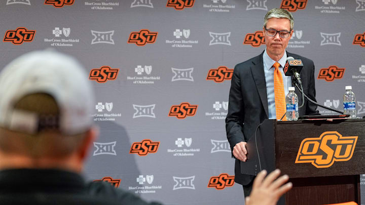 Oklahoma State Athletic Director Chad Weiberg speaks at a press conference following the firing of head football coach Mike Gundy in Stillwater, Okla., on Tuesday, Sept. 23, 2025.