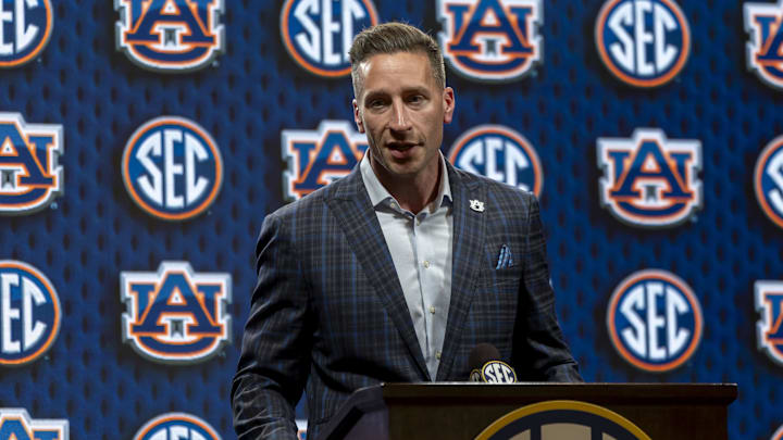 Oct 15, 2025; Birmingham, AL, USA; Auburn Tigers head coach Steven Pearl talks with the media during SEC Media Days at Grand Bohemian Hotel. Mandatory Credit: Vasha Hunt-Imagn Images
