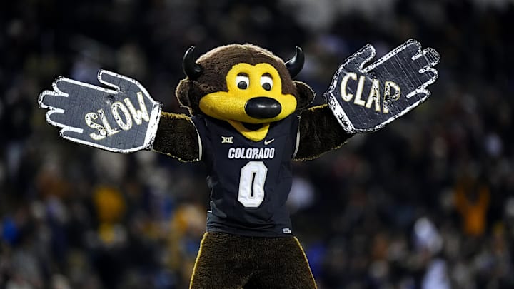 Nov 22, 2025; Boulder, Colorado, USA; Colorado Buffaloes mascot Chip performs. Mandatory Credit: Ron Chenoy-Imagn Images