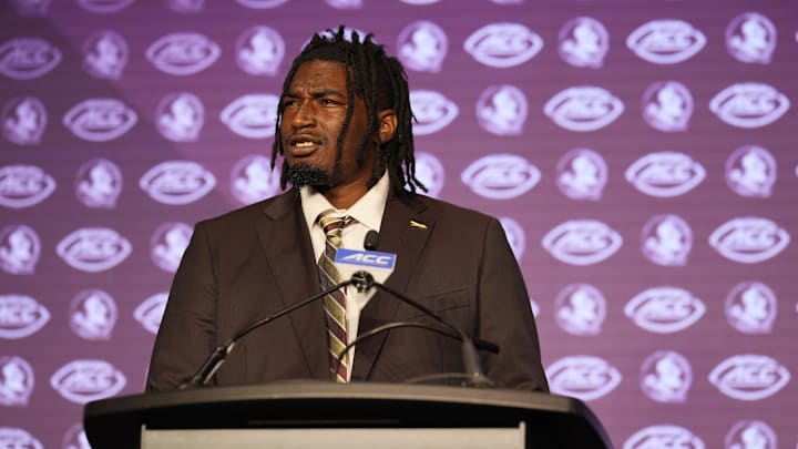 Jul 22, 2024; Charlotte, NC, USA; Florida State offensive lineman Darius Washington speaks to the media during ACC Kickoff at Hilton Charlotte Uptown. Mandatory Credit: Jim Dedmon-Imagn Images