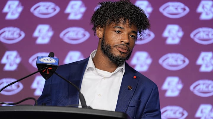 Jul 24, 2024; Charlotte, NC, USA; Boston College Eagles quarteback Thomas Castellanos speaks to the media during the ACC Kickoff at Hilton Charlotte Uptown. Mandatory Credit: Jim Dedmon-Imagn Images