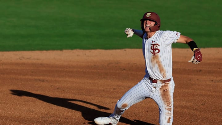 Florida St. infielder Alex Lodise (1) reacts to his double at second base during the first inning of an NCAA college baseball matchup Tuesday, March 25, 2025 at VyStar Ballpark in Jacksonville, Fla. FSU rallied to defeat UF 8-4 off a walk-off grand slam from Alex Lodise in the ninth inning.