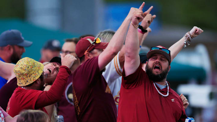 Florida St. Seminoles fans cheer during the fifth inning of an NCAA college baseball matchup Tuesday, March 25, 2025 at VyStar Ballpark in Jacksonville, Fla. FSU rallied to defeat UF 8-4 off a walk-off grand slam from Alex Lodise in the ninth inning. [Corey Perrine/Florida Times-Union]