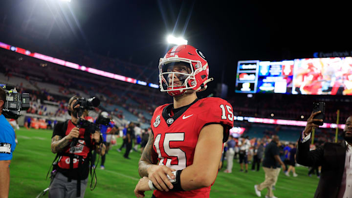 Georgia Bulldogs quarterback Carson Beck (15) walks off the field after the game of an NCAA college football matchup Saturday, Nov. 2, 2024 at EverBank Stadium in Jacksonville, Fla. The Georgia Bulldogs defeated the Florida Gators 34-20.