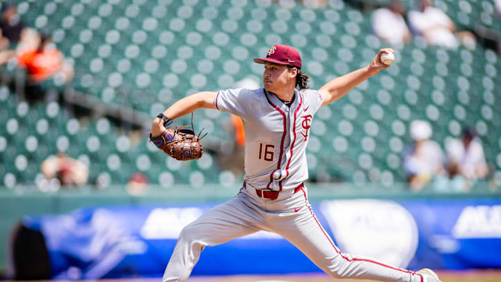 May 24, 2024; Charlotte, NC, USA; Florida State Seminoles pitcher Jamie Arnold (16) in the third inning against the Virginia Cavaliers during the ACC Baseball Tournament at Truist Field. Mandatory Credit: Scott Kinser-Imagn Images