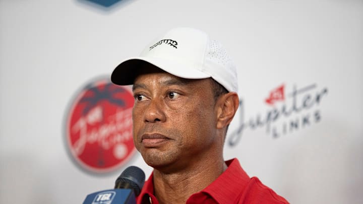 Tiger Woods of Jupiter Links, answers questions from the media after a TGL match against New York Golf Club at SoFi Center on January 13, 2026, in Palm Beach Gardens, Florida. Tiger Woods of Jupiter Links, answers questions from the media after a TGL match against New York Golf Club at SoFi Center on January 13, 2026, in Palm Beach Gardens, Florida.