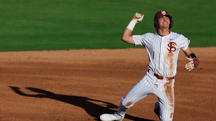 Florida St. infielder Alex Lodise (1) reacts to his double at second base during the first inning of an NCAA college baseball matchup Tuesday, March 25, 2025 at VyStar Ballpark in Jacksonville, Fla. FSU rallied to defeat UF 8-4 off a walk-off grand slam from Alex Lodise in the ninth inning. [Corey Perrine/Florida Times-Union]