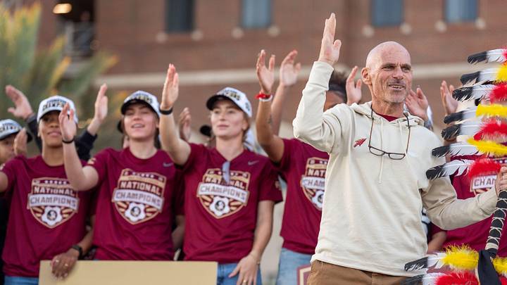 The Florida State University women’s soccer head coach Brian Pensky and the team are welcomed back to campus with a celebration after claiming the Women’s College Cup in Kansas City, Missouri, Tuesday, Dec. 9, 2025.