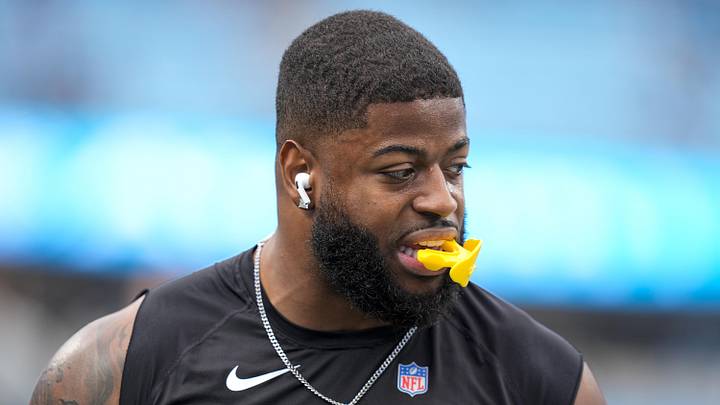 Jan 10, 2026; Charlotte, NC, USA; Los Angeles Rams linebacker Jared Verse (8) during pregame warm ups before the NFC Wild Card Round game between the Carolina Panthers and the Los Angeles Rams at Bank of America Stadium. Mandatory Credit: Jim Dedmon-Imagn Images