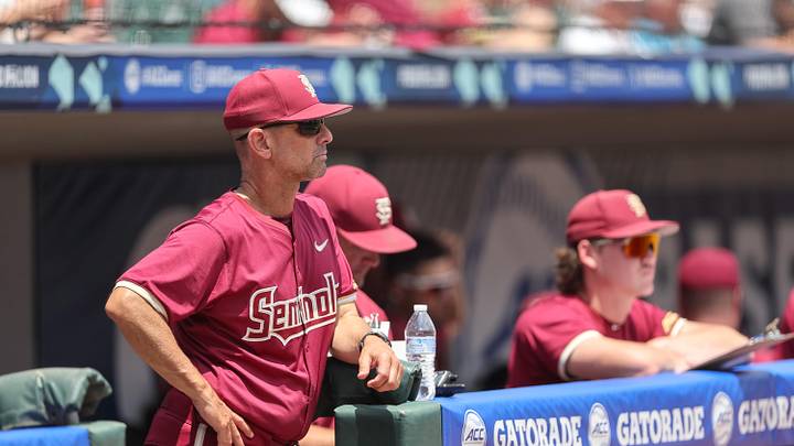 May 25, 2024; Charlotte, NC, USA; Florida State head coach Link Jarrett watches the game against Wake Forest during the ACC Baseball Tournament at Truist Field. Mandatory Credit: Cory Knowlton-Imagn Images