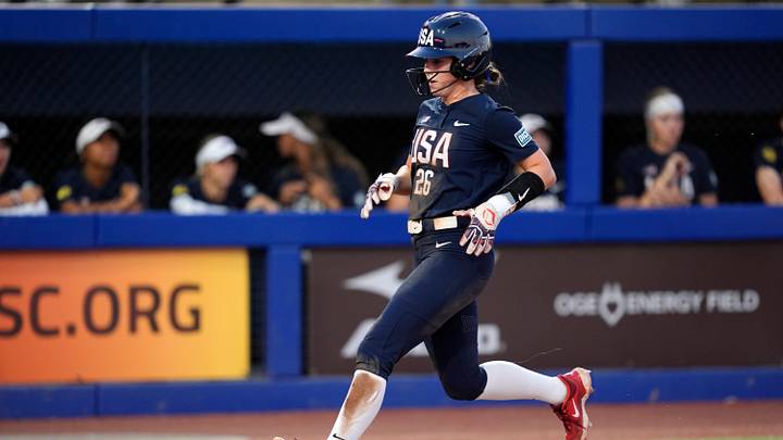 Team USA's McLaine Hudson runs home to score a run during a softball game between Team USA and Mexico in the U-18 WBSC World Cup at Devon Park in Oklahoma City, Tuesday, Sept. 30, 2025.