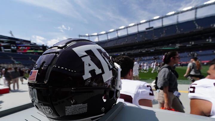 Sep 11, 2021; Denver, Colorado, USA; General helmet view of the Texas A&M Aggies before the game