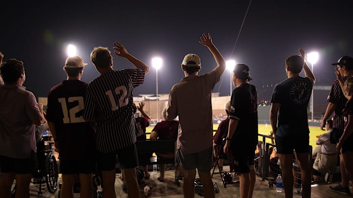 June 1, 2024; College Station, TX, USA; Texas A&M Aggies fans cheer during the second round of the NCAA baseball College Station Regional against the Texas Longhorns at Olsen Field College Station. Mandatory Credit: Dustin Safranek-USA TODAY Sports