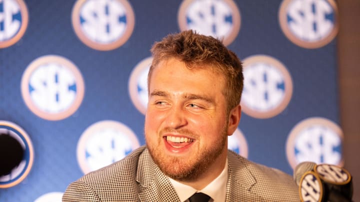 Jul 18, 2024; Dallas, TX, USA; Texas A&M offensive lineman Trey Zuhn III speaks to the media at Omni Dallas Hotel. Mandatory Credit: Brett Patzke-USA TODAY Sports