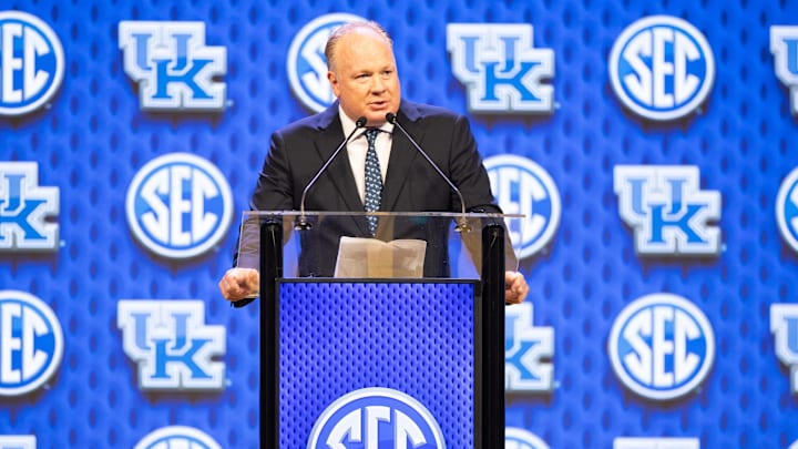Jul 18, 2024; Dallas, TX, USA; Kentucky head coach Mark Stoops speaking at Omni Dallas Hotel. Mandatory Credit: Brett Patzke-USA TODAY Sports