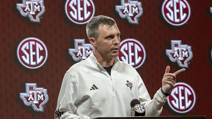 Oct 15, 2025; Birmingham, AL, USA; Texas A&M Aggies head coach Bucky McMillan talks with the media during SEC Media Days at Grand Bohemian Hotel. Mandatory Credit: Vasha Hunt-Imagn Images Oct 15, 2025; Birmingham, AL, USA; Texas A&M Aggies head coach Bucky McMillan talks with the media during SEC Media Days at Grand Bohemian Hotel. Mandatory Credit: Vasha Hunt-Imagn Images