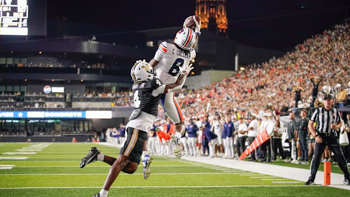 Auburn wide receiver Cam Coleman (8) pulls down a pass for a two point conversion against Vanderbilt during the fourth quarter at FirstBank Stadium in Nashville, Tenn., Saturday, Nov. 8, 2025.