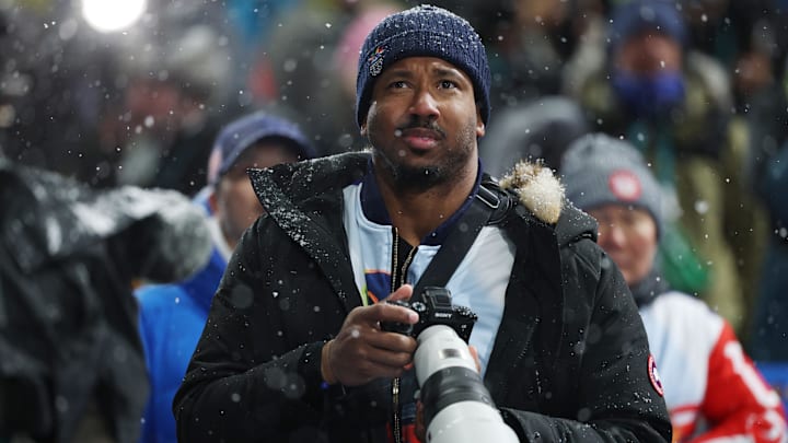 Feb 12, 2026; Livigno, Italy; Cleveland Browns player Myles Garrett in attendance in the women's halfpipe final during the Milano Cortina 2026 Olympic Winter Games at Livigno Snow Park. Mandatory Credit: Nathan Ray Seebeck-Imagn Images