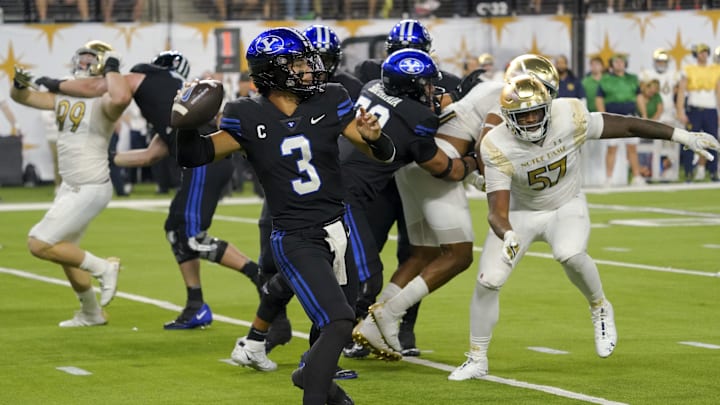 Oct 8, 2022; Paradise, Nevada, USA; Brigham Young Cougars quarterback Jaren Hall (3) throws a pass against the Notre Dame Fighting Irish during the second half at Allegiant Stadium. Mandatory Credit: Lucas Peltier-Imagn Images