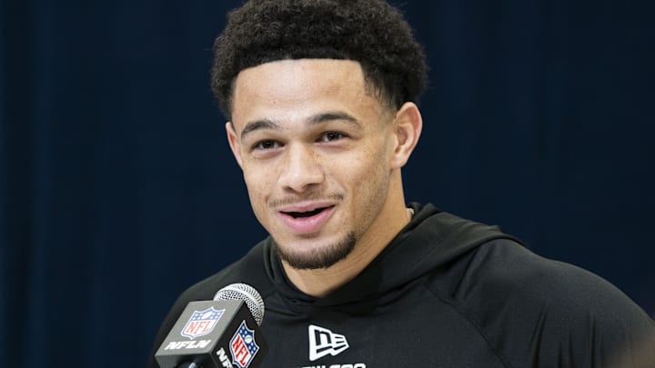 Feb 28, 2025; Indianapolis, IN, USA; Iowa Staet wideout Jaylin Noel (WO35) talks to the press during the 2025 NFL Combine at Indiana Convention Center. Mandatory Credit: Stephanie Amador Blondet-Imagn Images