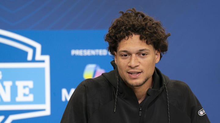 Feb 28, 2025; Indianapolis, IN, USA; Iowa State wideout Jayden Higgins (WO18) speaks at a press conference during the 2025 NFL Combine at Indiana Convention Center. Mandatory Credit: Stephanie Amador Blondet-Imagn Images
