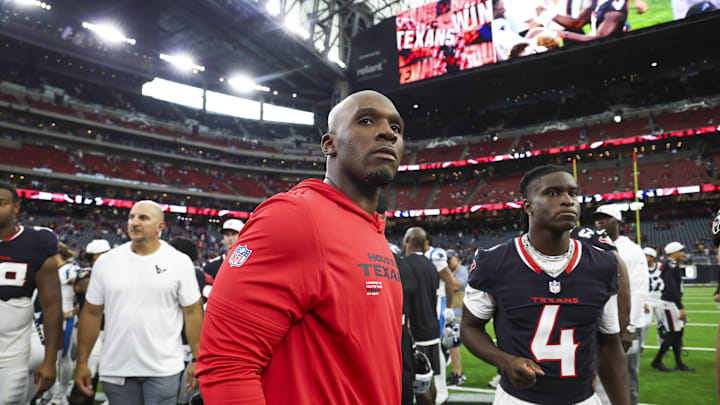 Aug 16, 2025; Houston, Texas, USA; Houston Texans head coach DeMeco Ryans walks on the field after the game against the Carolina Panthers at NRG Stadium. Mandatory Credit: Troy Taormina-Imagn Images