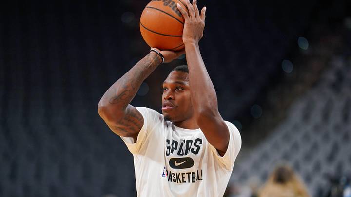 Mar 18, 2022; San Antonio, Texas, USA;  San Antonio Spurs guard Lonnie Walker IV (1) warms up before the game agains the New Orleans Pelicans at the AT&T Center. Mandatory Credit: Daniel Dunn-Imagn Images