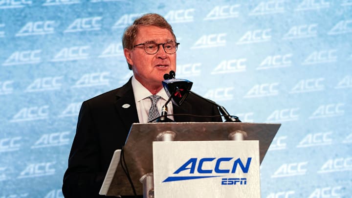 Jul 17, 2019; Charlotte, NC, USA; ACC Commissioner John Swofford addresses the media