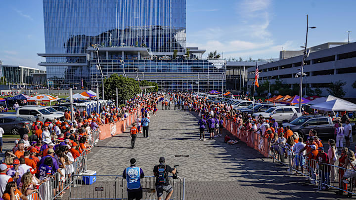 Aug 31, 2024; Atlanta, Georgia, USA; Pregame scenes outside before the game between the Georgia Bulldogs and the Clemson Tigers at Mercedes-Benz Stadium. Mandatory Credit: Dale Zanine-USA TODAY Sports