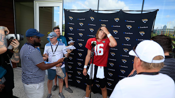 Jacksonville Jaguars quarterback Trevor Lawrence (16) answers questions from the media after an NFL training camp session at the Miller Electric Center, Thursday, Aug. 14, 2025 in Jacksonville, Fla.