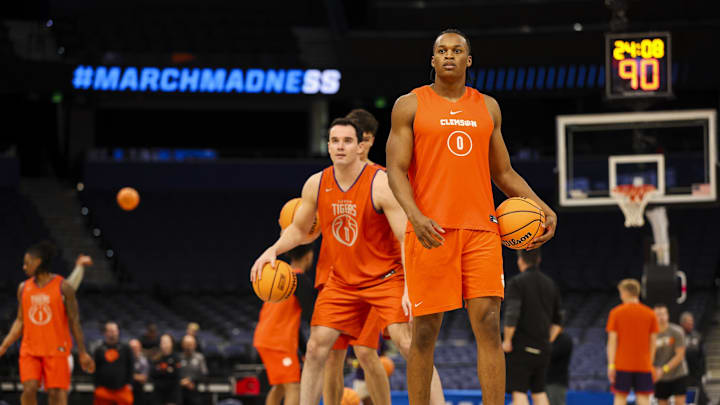 Mar 19, 2026; Tampa, FL, USA; Clemson Tigers forward RJ Godfrey (0) participates in a practice session ahead of the first round of the men's 2026 NCAA Tournament at Benchmark International Arena. Mandatory Credit: Nathan Ray Seebeck-Imagn Images Mar 19, 2026; Tampa, FL, USA; Clemson Tigers forward RJ Godfrey (0) participates in a practice session ahead of the first round of the men's 2026 NCAA Tournament at Benchmark International Arena. Mandatory Credit: Nathan Ray Seebeck-Imagn Images