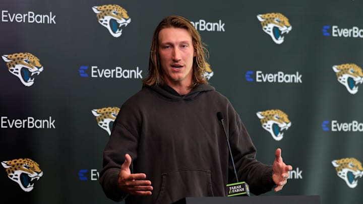 Jacksonville Jaguars quarterback Trevor Lawrence speaks during a press conference at the Miller Electric Center, Monday, April 20, 2026 in Jacksonville, Fla.