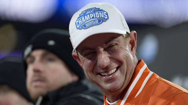 Dec 7, 2024; Charlotte, NC, USA; Clemson Tigers head coach Dabo Swinney celebrates after winning the 2024 ACC Championship game against the Southern Methodist Mustangs at Bank of America Stadium. Mandatory Credit: Jim Dedmon-Imagn Images