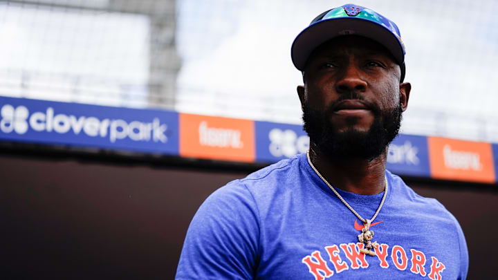 Mar 26, 2023; Port St. Lucie, Florida, USA; New York Mets right fielder Starling Marte (6) warms up