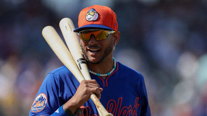 Mar 1, 2025; Port Charlotte, Florida, USA; New York Mets outfielder Jose Siri (19) leaves the game against the Tampa Bay Rays in the fifth inning during spring training at Charlotte Sports Park. Mandatory Credit: Nathan Ray Seebeck-Imagn Images