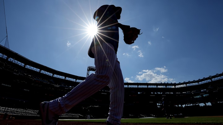 Jun 24, 2025; New York City, New York, USA; New York Mets relief pitcher Huascar Brazoban (43) takes the field for warmups before a game against the Atlanta Braves at Citi Field. Mandatory Credit: Brad Penner-Imagn Images