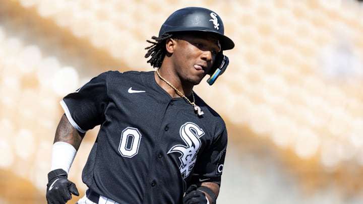 Mar 2, 2026; Phoenix, Arizona, USA; Chicago White Sox outfielder Luisangel Acuna against the San Francisco Giants during a spring training game at Camelback Ranch-Glendale. Mandatory Credit: Mark J. Rebilas-Imagn Images