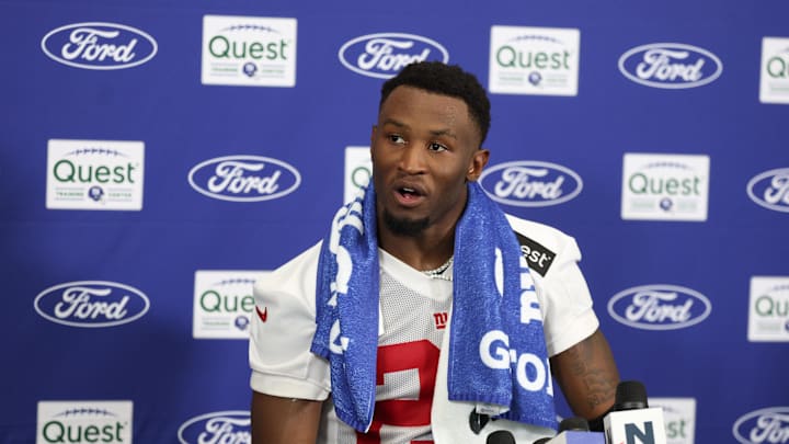 Jul 24, 2025; East Rutherford, NJ, USA; New York Giants safety Tyler Nubin (27) talks with media during training camp at Quest Diagnostics Training Center. Mandatory Credit: Vincent Carchietta-Imagn Images