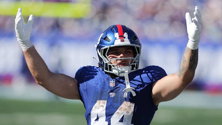 Sep 28, 2025; East Rutherford, New Jersey, USA; New York Giants running back Cam Skattebo (44) reacts during the third quarter against the Los Angeles Chargers at MetLife Stadium. Mandatory Credit: Brad Penner-Imagn Images