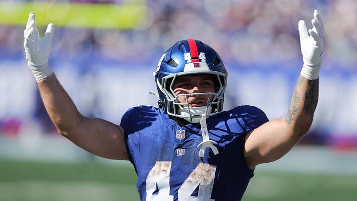 Sep 28, 2025; East Rutherford, New Jersey, USA; New York Giants running back Cam Skattebo (44) reacts during the third quarter against the Los Angeles Chargers at MetLife Stadium. Mandatory Credit: Brad Penner-Imagn Images