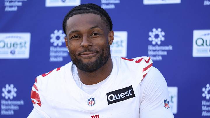 Jun 9, 2026; East Rutherford, NJ, USA; New York Giants linebacker Kayvon Thibodeaux (5) answers questions from the press after the minicamp activities at Quest Diagnostics Center. Mandatory Credit: Thomas Salus-Imagn Images