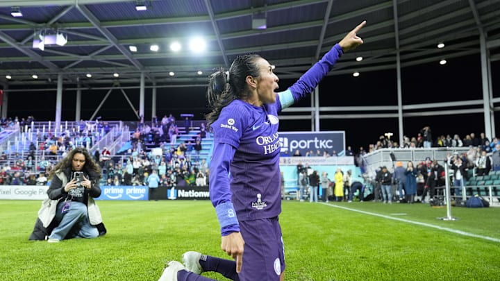 Nov 23, 2024; Kansas City, Missouri, USA;   Orlando Pride forward Marta (10) celebrates after defeating the Washington Spirit in the 2024 NWSL Championship match at CPKC Stadium. Mandatory Credit: Jay Biggerstaff-Imagn Images
